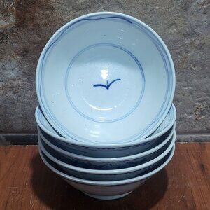 Vintage Set of 5 White Porcelain Chinese Rice Bowls Rice Grain Ling Long Pattern